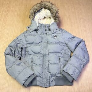 American Eagle Womens Large Y2K Down Puffer Jacket Fur Hood Coat Crop Coquette